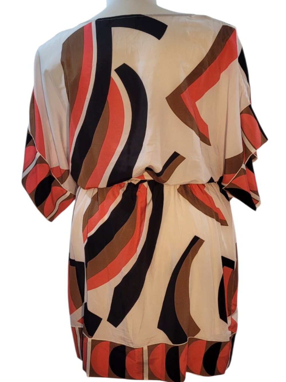 New York & Company Abstract Geometric Print Dress XL Cream Coral Black Brown Tie - Picture 9 of 10